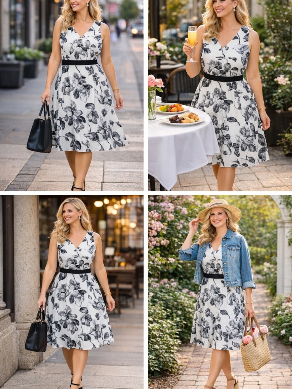 Talbots Black & White Floral V-Neck Midi Dress